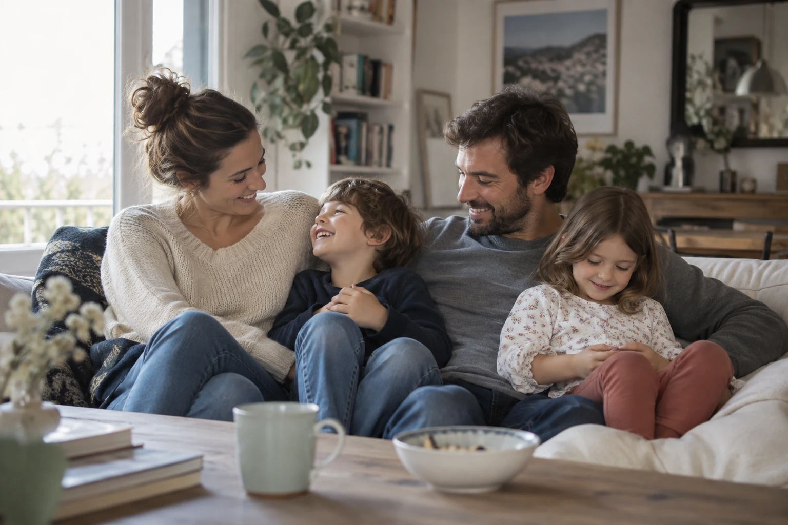 Deux parents et leurs deux enfants réunis sur un canapé