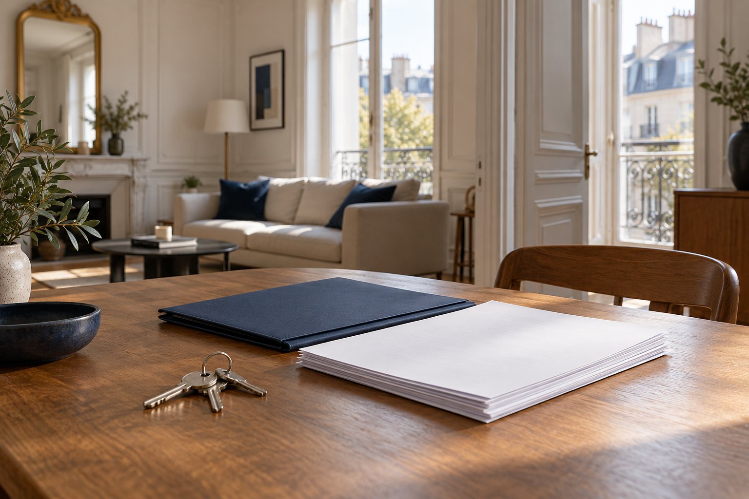 Clés et dossiers posés sur une table dans un appartement meublé