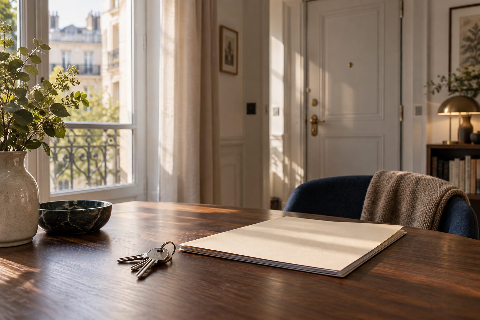 Clés et dossier posés sur une table dans un logement